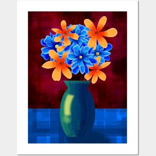 Vase of Blue and Orange Flowers Posters and Art